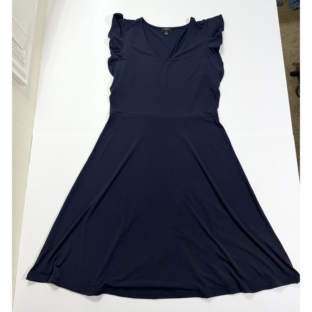 Ann Taylor Factory Navy Flutter Sleeve Fit and Flare Dress V-Neck Women's M
